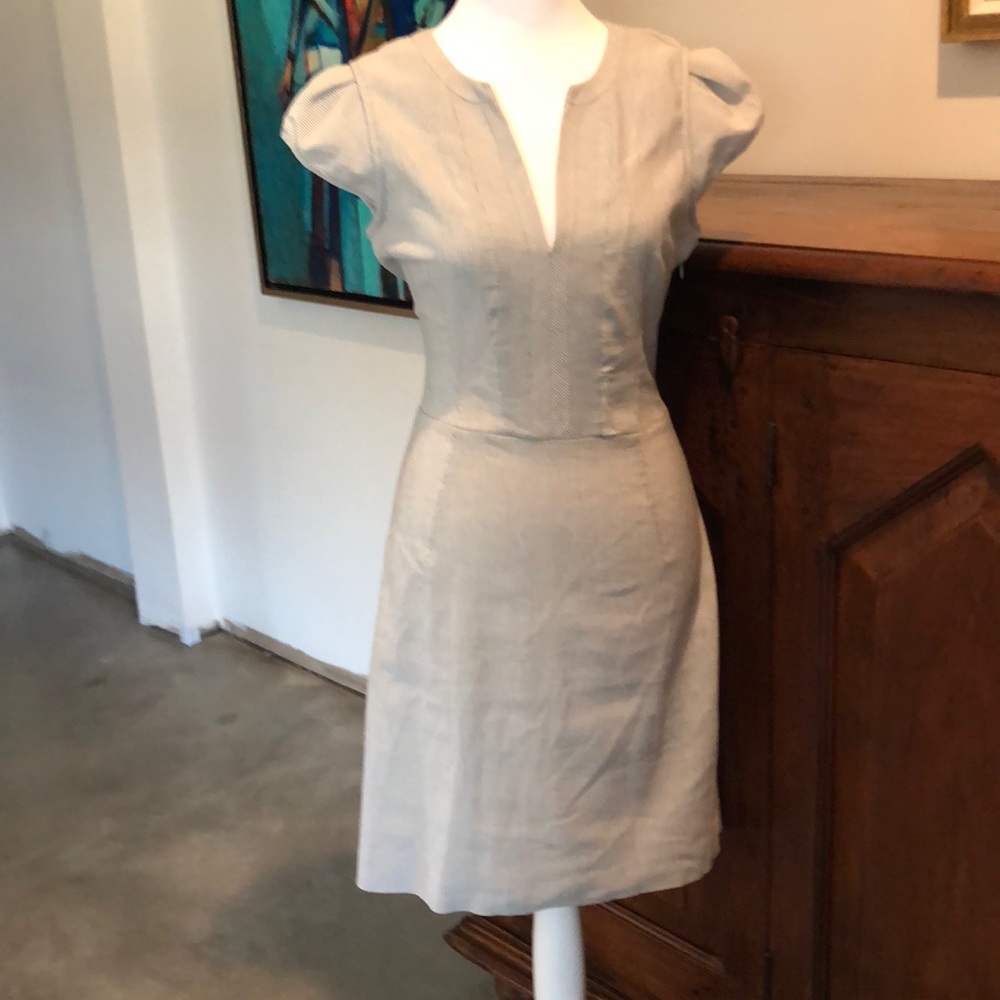 Andrew Marc Linen Blend Grey & White Railroad Stripe Cap Sleeve Dress Size 2